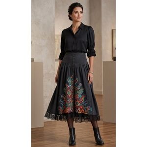 EUC VTG Trisha De’Hall Western Prairie Snap Front Lace Trim Midi Skirt- Small